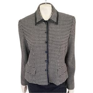 VTG PHILIPPE ADEC 100% Wool Houndstooth Tweed Blazer Leather Trim SZ 8